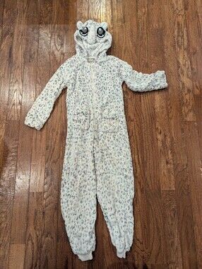 Funzietime Kitten Pajamas Fleece Onesie. Leopard Baby Pink White Kids Sz 7/8